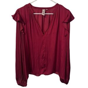 Dolan Blouse XL Ruby Red Pleated Long Sleeve Ruffle Shoulder V-Neck Top